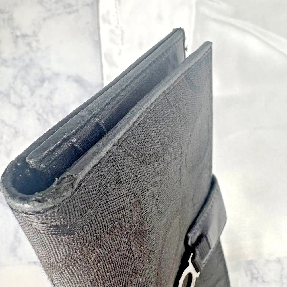 Vtg Ferragamo Gancini Black Canvas & Leather Long Bifold Snap Wallet Zippy Pouch